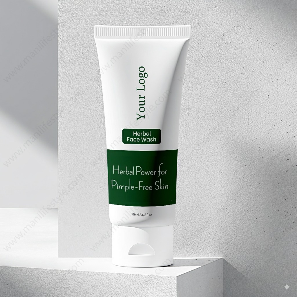 Herbal face wash product with fresh green leaves